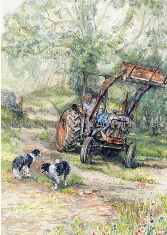 tractor and Welsh collie dogs, painting by Caroline Glanville